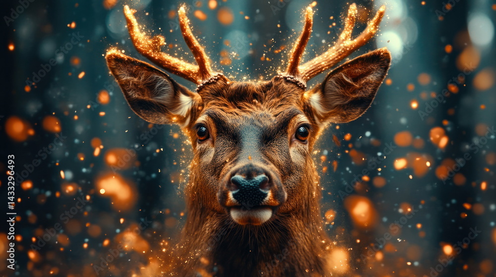 Poster a majestic deer stands surrounded by glowing magical orbs in a whimsical and enchanted forest settin