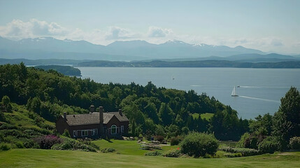 Lakeside house with mountain view; peaceful summer day; scenic landscape; ideal for real estate or travel brochures