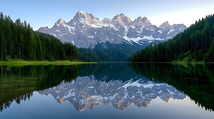 Fototapeta premium Majestic mountain peaks with snow-capped summits reflecting in crystal clear alpine lake waters, surrounded by dense evergreen forest creating mirror-like symmetry at dawn.