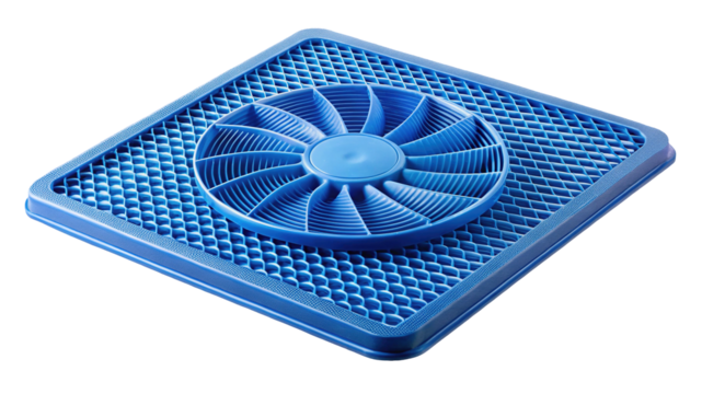 Elevated perspective of a blue anti fatigue mat with fan like disk