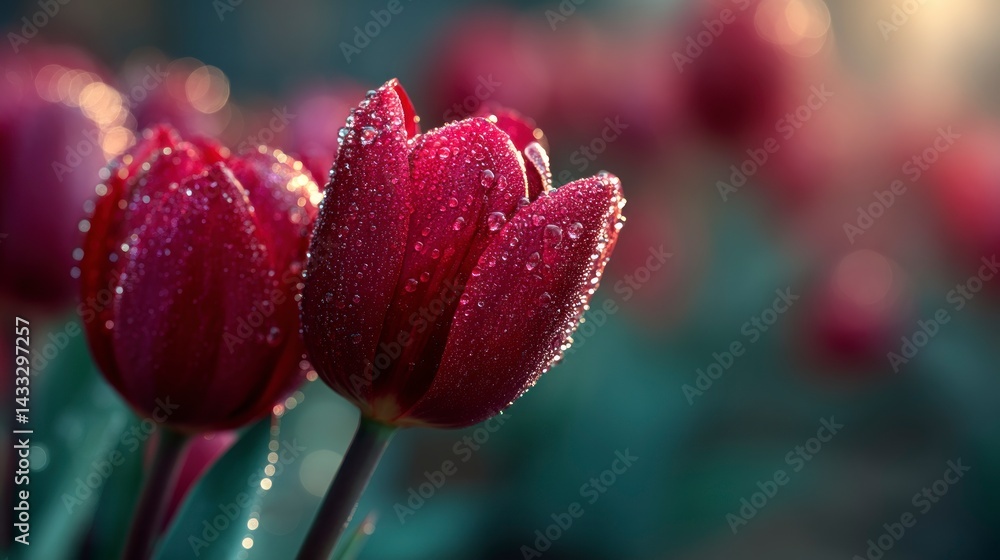 Poster close-up of red tulips with water droplets sparkling in soft light