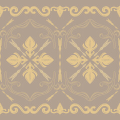 Golden Scroll Filigree Ornament Luxury Baroque Style on Light Brown Background. Strong Curly Ornate Grandiose Design for Interior Wallpaper Silk Weaves Embroidery Textiles Texture Branding Royalty Rug