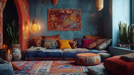 A beautifully decorated living room with vibrant colors and patterns