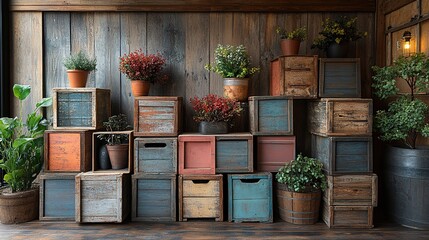Rustic Charm: Potted Plants on Colorful Wooden Crates Against a