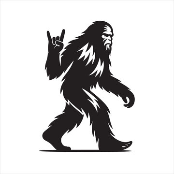 Black and white silhouette of a walking Yeti (Bigfoot) throwing the heavy metal horns with a fierce expression