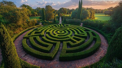 Naklejka premium Historical renaissance-style hedge maze nestled within a luxurious garden landscape during daylight
