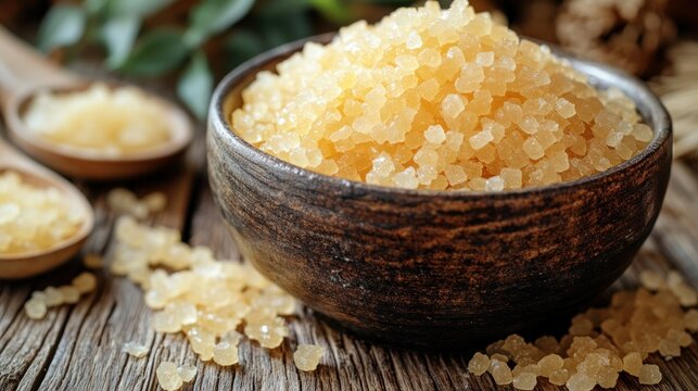 Light brown, crystalline salt in a bowl