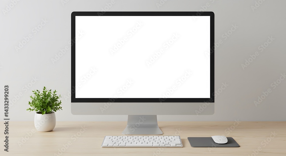 Poster ai image features a computer monitor with a blank screen on a wooden desk, alongside keyboard, mouse