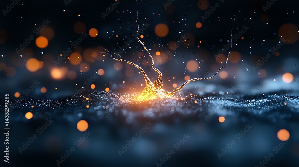 Poster glowing orange light splash with bokeh effect on dark background, water drops and sparkles creating 