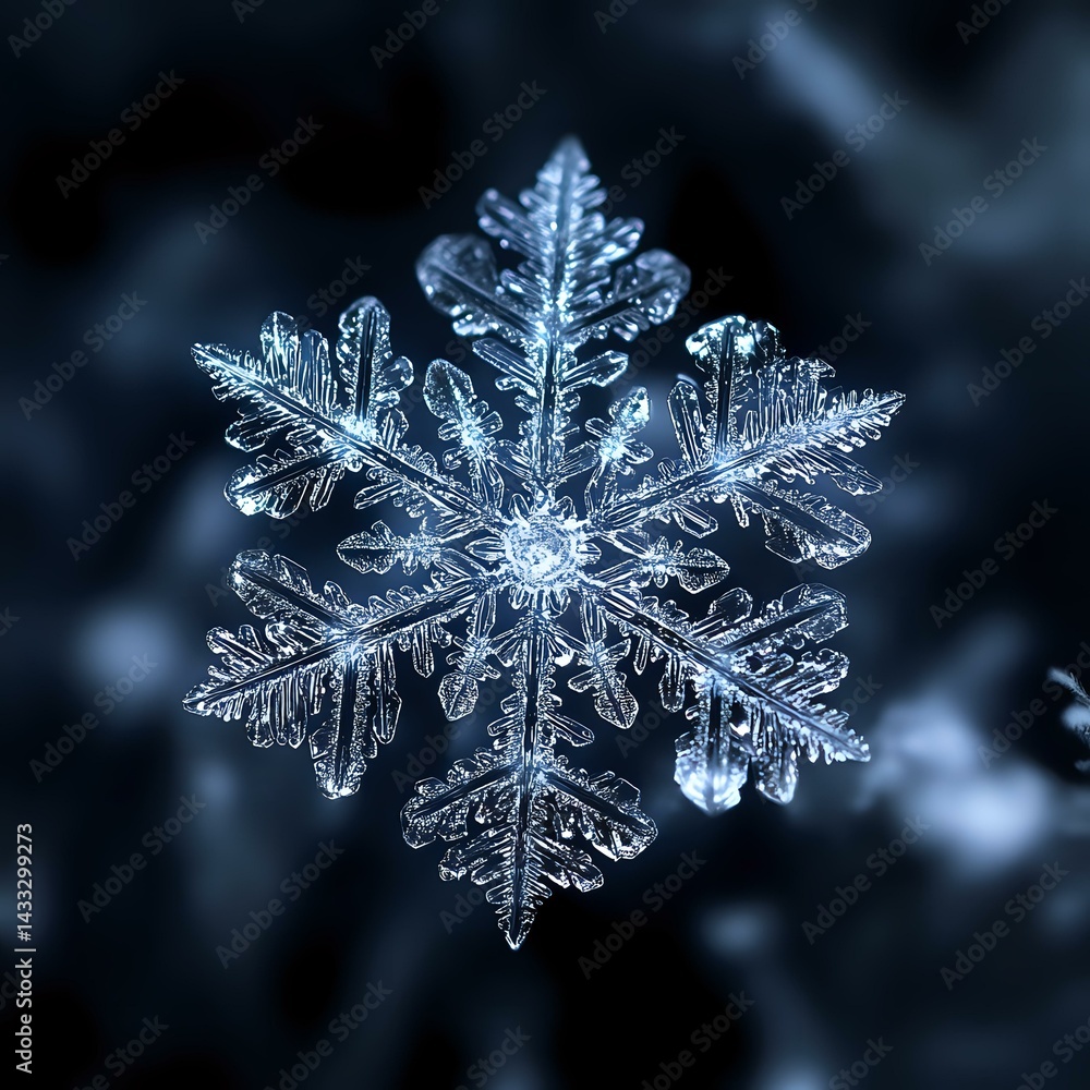 Poster macro photography of natural snowflake crystal showing intricate hexagonal pattern and delicate ice 