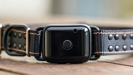 A close-up of a sleek black smartwatch on a textured strap, showcasing its modern design and functionality on a wooden surface.