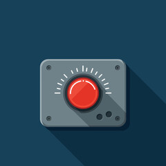 Red control knob on gray panel with long shadow flat design vector illustration