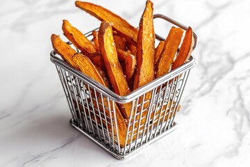 Sweet potato fries in metal basket on marble background