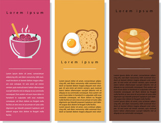 Breakfast food vector illustration with ice cream bowl, egg toast, and pancakes stack 