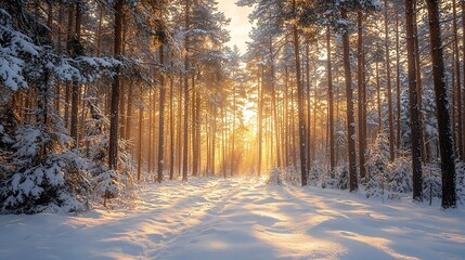 Obraz premium A beautiful snowy path leading through a winter forest surrounded by tall pine trees and soft sunlight