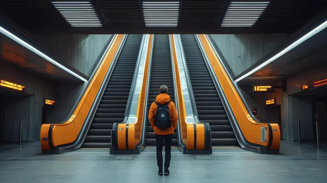 Person stands facing three orange escalators.