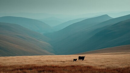 Obraz premium Highland cattle graze in misty mountain valley