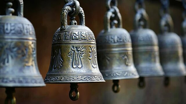Ornate bronze bells hanging in a row, temple background, spiritual meditation