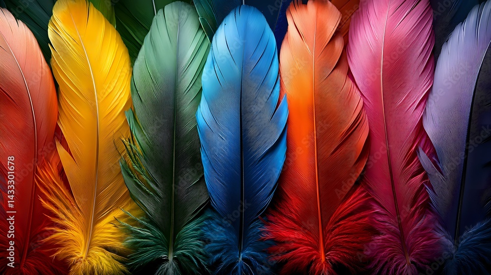 Poster vibrant multicolored feathers arranged in row against dark background showcase spectrum of red, yell