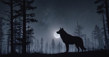 Silhouette of a wolf against a night sky in a desolate forest  ,  moon,  atmospheric