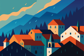 Naklejka premium rain falling on rooftops of colorful hillside town.eps 