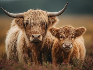 Highland cow and calf in heather, gazing directly at camera