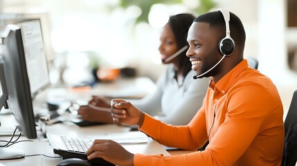 Young African American male customer service representative in orange sweater working at computer with headset in modern call center office environment.