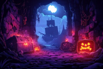 Cave exit, pirate ship, Halloween pumpkins, night