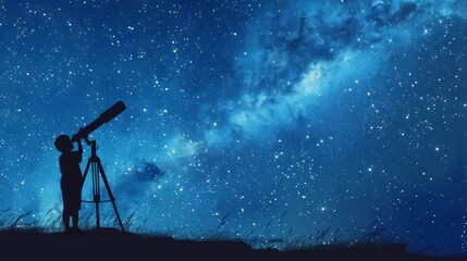 silhouette child gazes at the stars through a telescope under a clear night sky filled with shimmering constellations