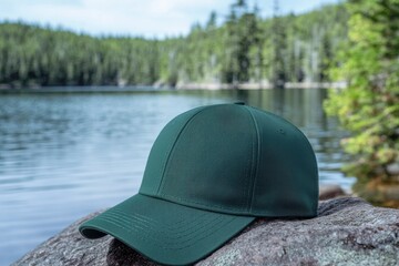 Forest green baseball cap mockup displayed on rock by a calm lake in natural outdoor setting