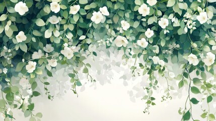 Floral arrangement features watercolor style white flowers, green leaves trailing vines creating delicate aesthetic.