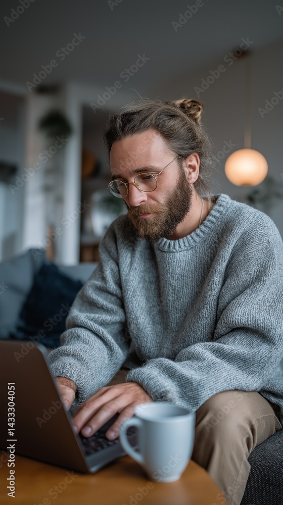 Poster a young man in a cozy sweater types on his laptop while seated on a comfortable couch. soft lighting