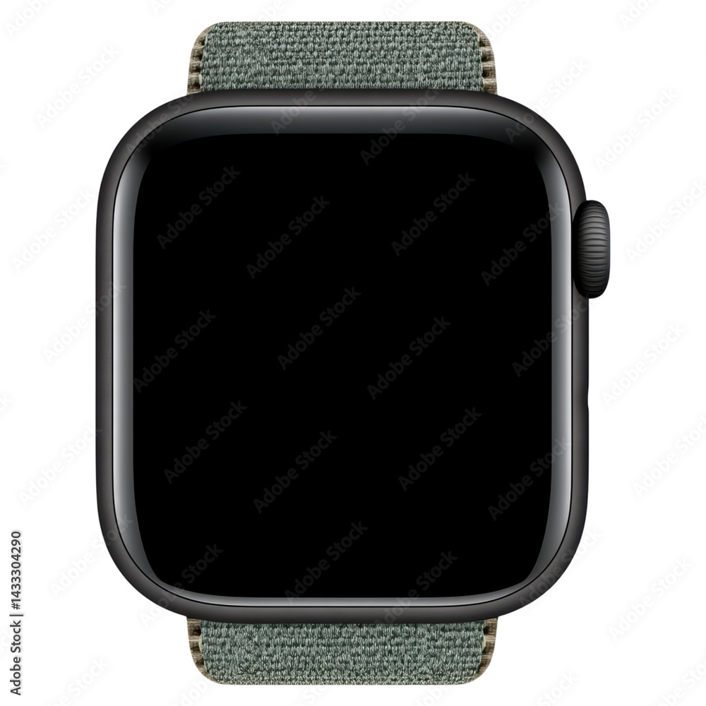 Poster modern smartwatch with minimalistic design and green strap, isolated on transparent background.
