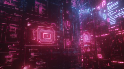 Fototapeta premium Digital display glows, radiating modern feel with cyberpunk style, showcasing abstract technological grid and data streams.
