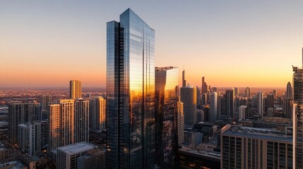 Obraz premium Chicago sunset cityscape, skyscrapers reflecting golden hour light