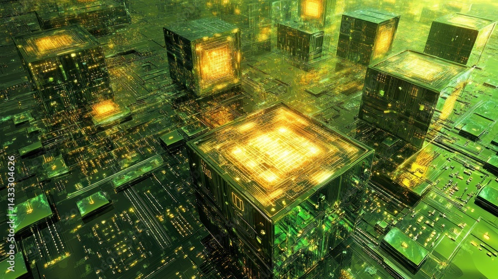 Poster futuristic digital landscape featuring illuminated cube structures and circuits