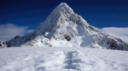 Majestic snow-capped mountain peak.  A pristine winter landscape with a towering, snow-covered peak