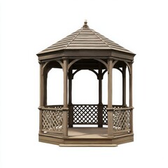 Fototapeta premium A wooden gazebo with a hexagonal roof and lattice railing on a white background