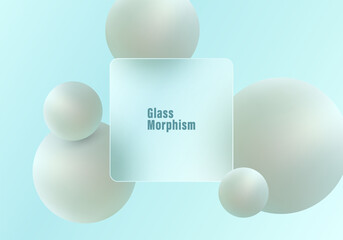 Website landing page template in glass morphism style. Presentation screen with glass overlay effect on floating gradient spheres.