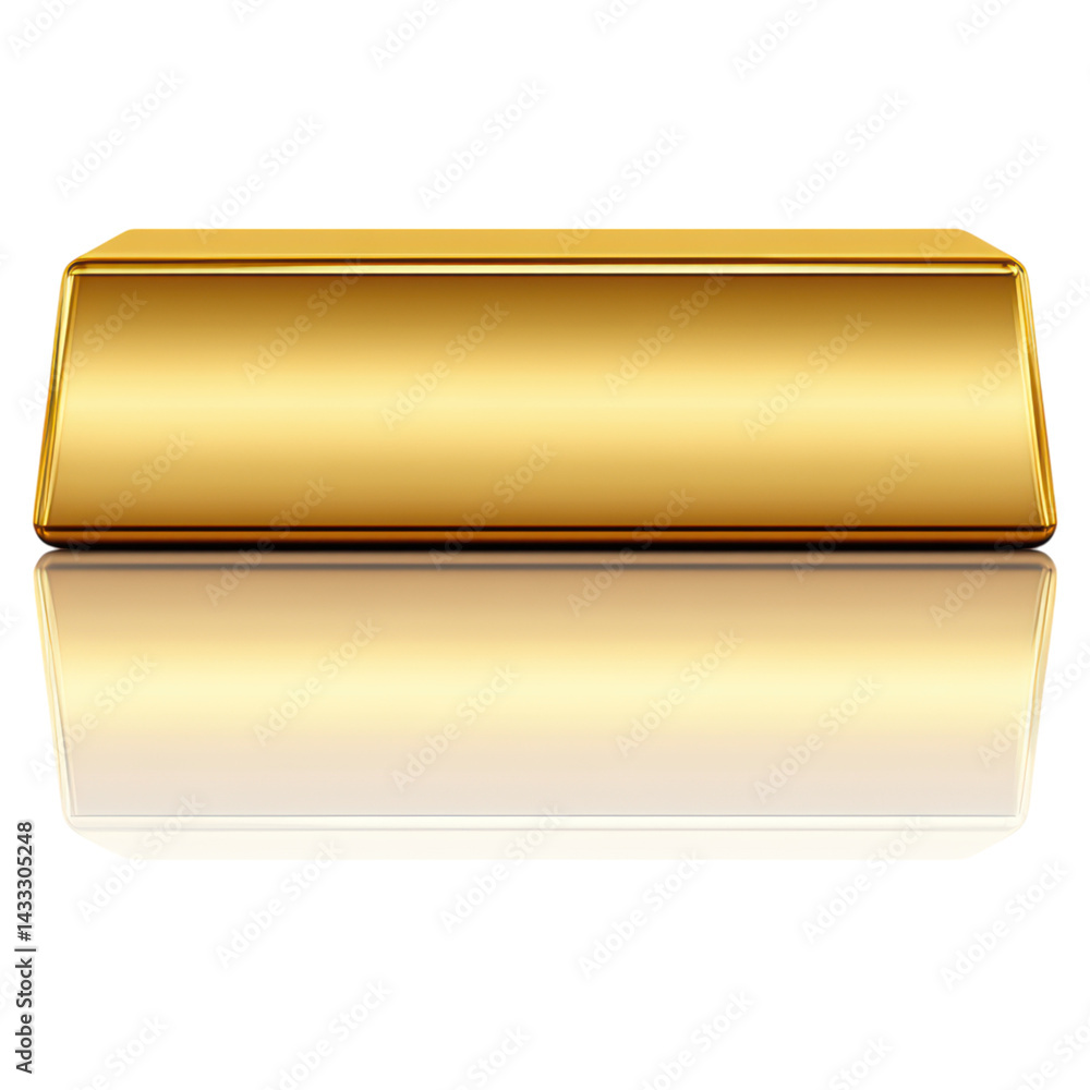Poster gold bullion bar reflection on smooth surface with simple background, isolated on transparent backgr