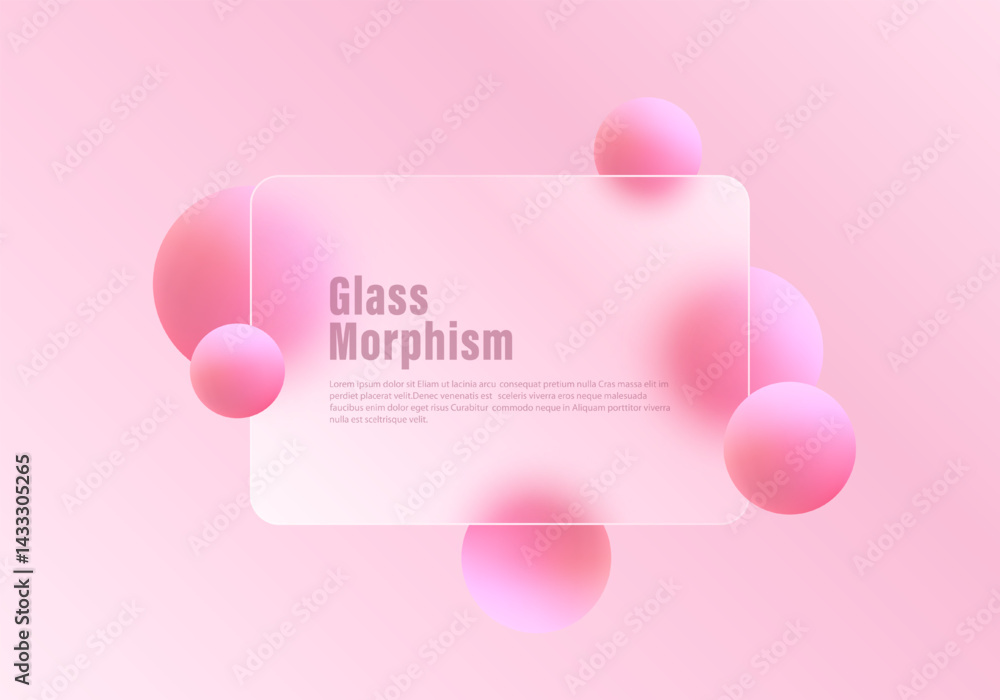 Poster minimalistic illustration with soft gradient pink background, pink spheres and translucent matte pan
