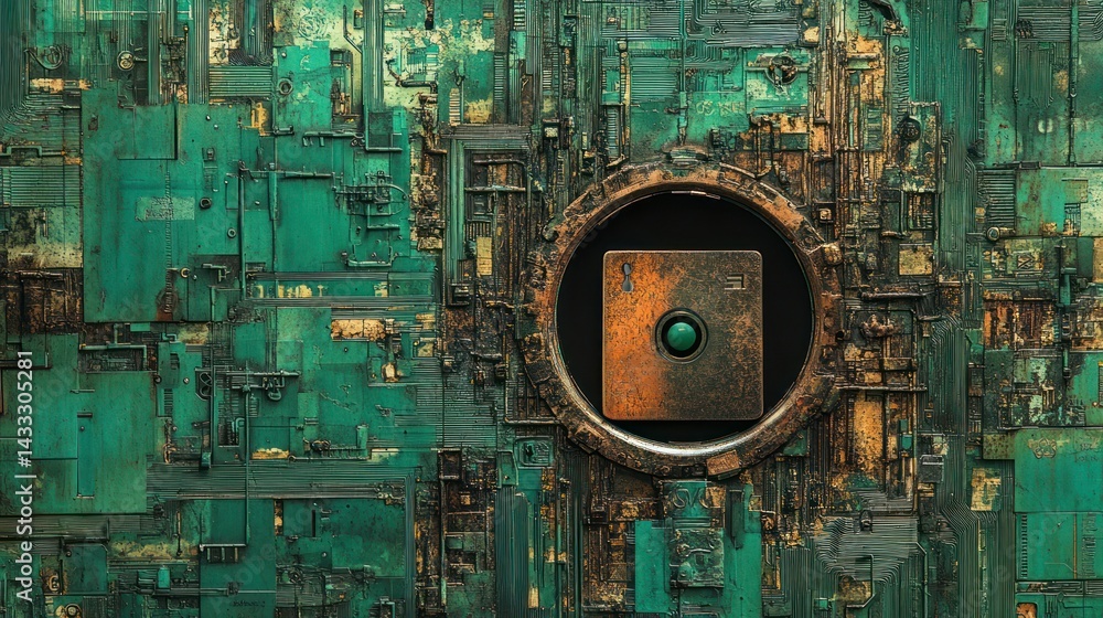 Poster circuit board presents detailed texture, incorporating intricate circuitry, metallic components with