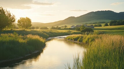 A tranquil river winds through a lush green countryside landscape