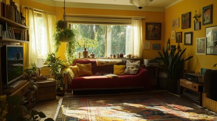 A cozy living room filled with warm tones and plants