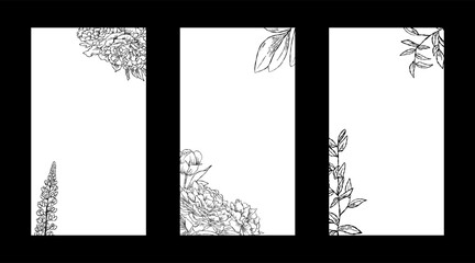 Flower Line Art Frame for IG Instagram Story Social Media Black Color. Best for wedding invitation, event invitation.