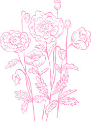 Flower and Leaf Line Art Pink Color Hand Drawn Sketch Style