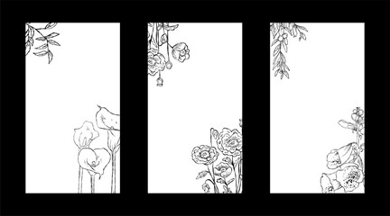 Flower Line Art Frame for IG Instagram Story Social Media Black Color. Best for wedding invitation, event invitation.