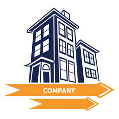 Naklejka premium Buildings with Arrows, Modern Company Icon, Architecture Symbol on White