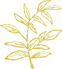 Flower and Leaf Line Art Gold Color Hand Drawn Sketch Style