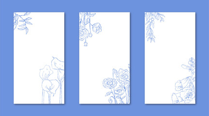 Flower Line Art Frame for IG Instagram Story Social Media Blue Color. Best for wedding invitation, event invitation.